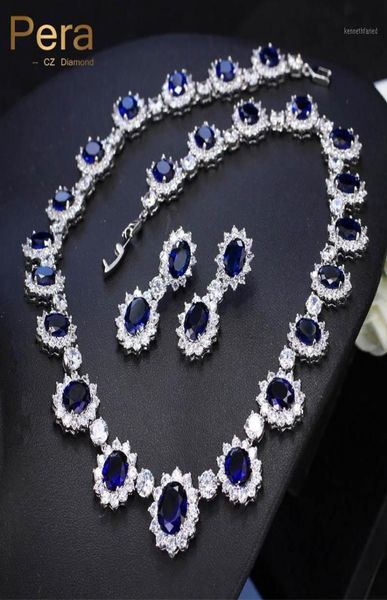 Pera CZ Big Round Round Cubic Zirconia Matrimonio da sposa Collana in pietra blu reale e orecchini set di gioielli per le spose J12611989461