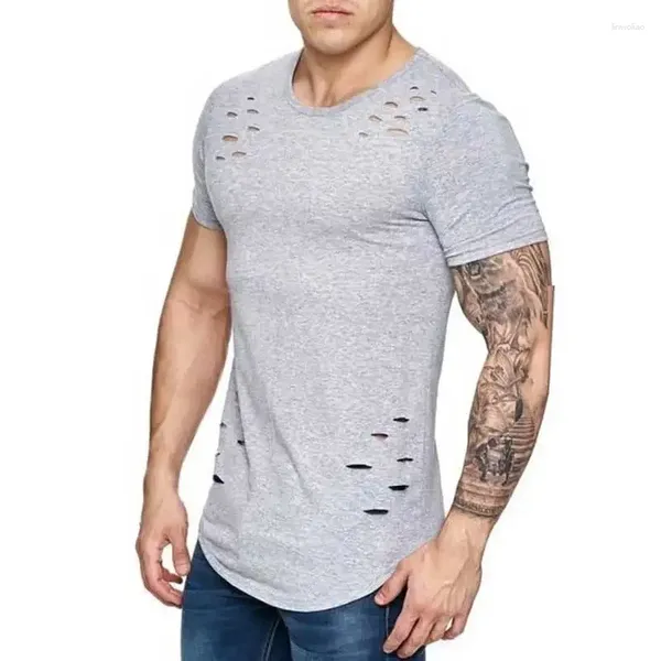 Herrenanzüge A2223 Loch Ripped T-Shirts Männer Kurzarm T-Shirt Fitness Sommerkleidung lustige solide T-Shirt Streetwear Slim Tops