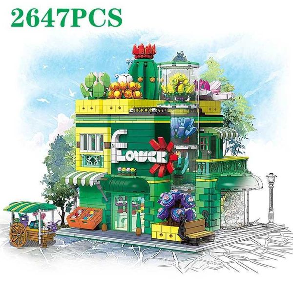 Transformation Toys Roboter 2647 Stücke erfolgreicher Pflanzenblumengeschäft Creative City Street View Model Building Block Set mit beleuchteter Desktop -Dekoration DI