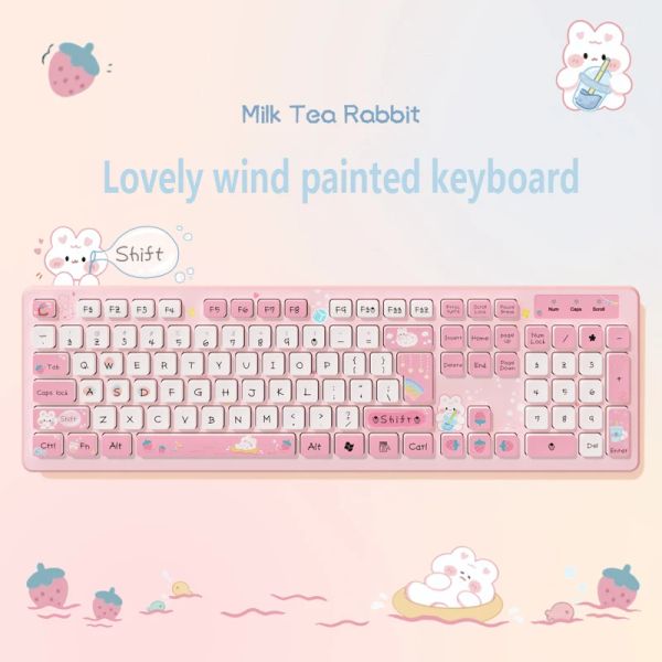 Teclados Kawaii Wired Keyboard Tea Milk Rabbit fofo rosa