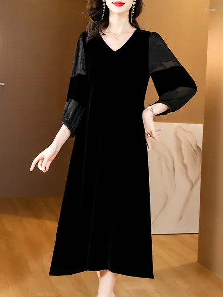 Повседневные платья 2024 Международный бренд осенний зимний черный бархатный лоскут жаккардовый платье с длинным рукавом женщин роскошный элегантный выпускной