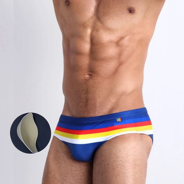 Abito europei American Stripes di colore brillante Trunks Fashion Sexy Beach Triangle Shorts Bikini con push pad da uomo Trunks