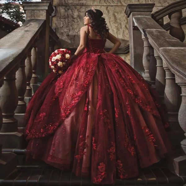 Темно -красное одно плечо оборки шариковые платья Quinceanera платья аппликации кружевные бисера корсет сладкий 16 vestidos de xv anos