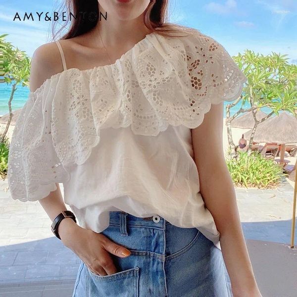 Frauenblusen Korean süße süße Off-Shoulder-Bluse Frauen Sommer elegantes Spitze gekräuseltes weißes Hemd Vielseitige Schlampe Camisas de Mujer