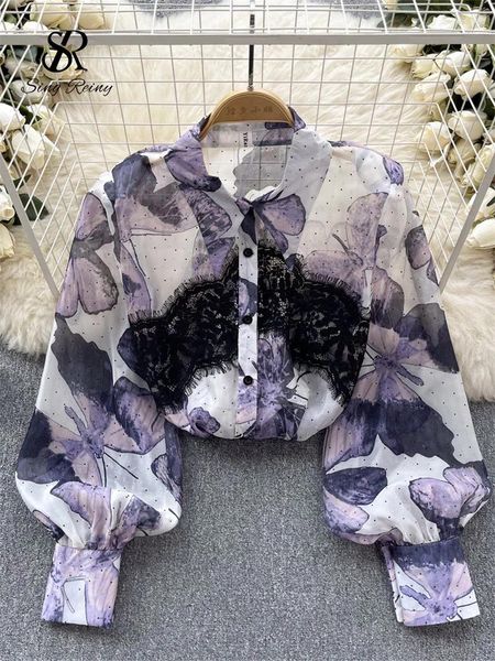 Blouses feminina Sirreiny Butterfly Impresso Camisa fina de estilo francês Lace Patchwork Blouse Loose Manga longa Escritório Lady Spring Chiffon Top