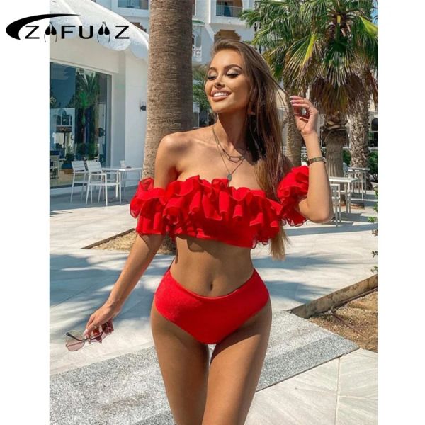 Set Sexy Red Ruffle Bikinis Badeanzüge Frauen 2023 hohe Taille Badebekleidung vor Schulterbadanzug Strandkleidung Bandeau Biquini