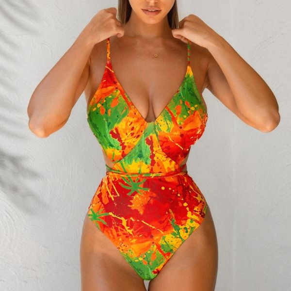 Костюмы апельсиновые купальные костюмы 2024 сексуальный vneck one piece bikini the bikin