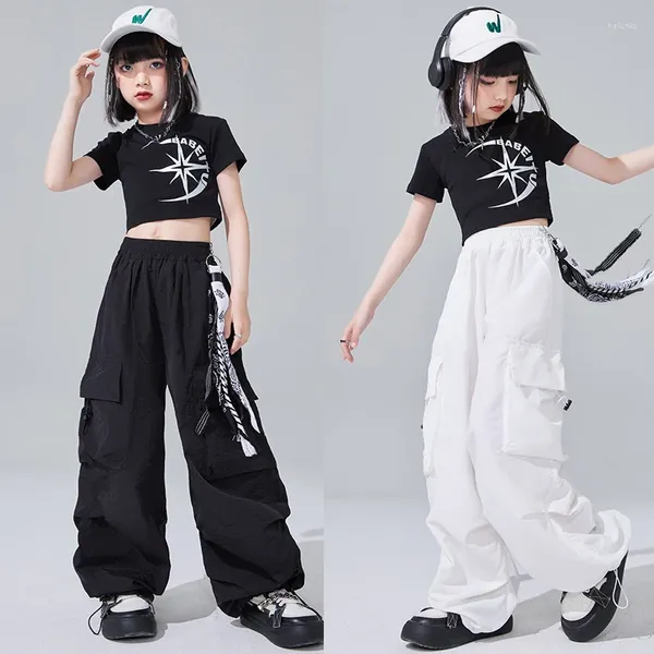 Stage Wear 2024 Ballroom Hip Hop Dance costumi per ragazze Crops Pants Cargo Streetwear Kids Jazz Performance Abiti rave DQS16135