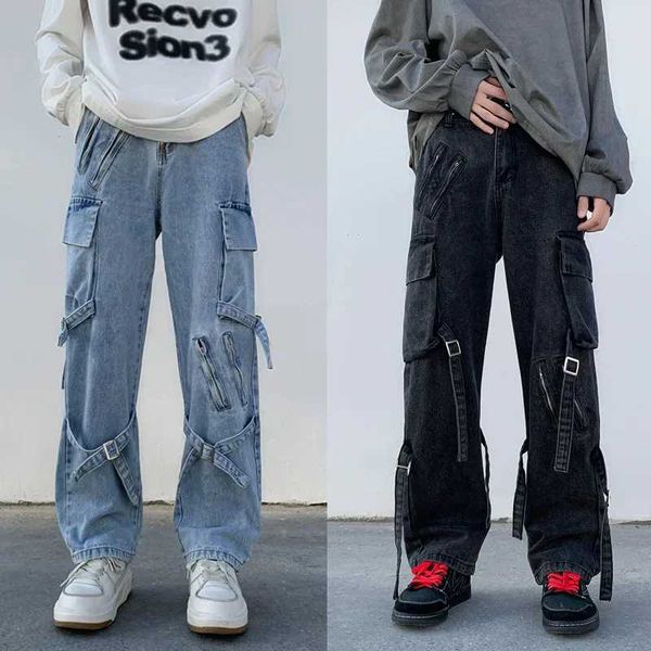 Jeans maschile New Mens jeans gamba larga merce denim gotico tasca dritta hip-hop skateboard pantaloni neutri Q240427