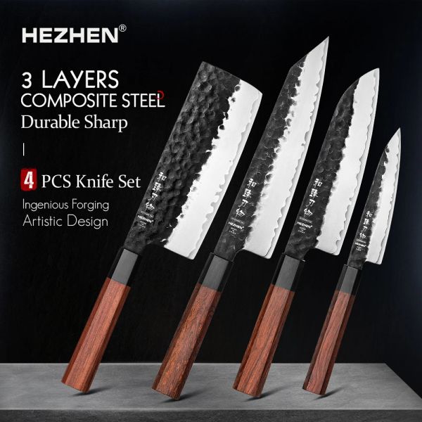 Ножи Hezhen 14pc Kitchen Knife Set Set Ricting нержавеющая сталь Композитный стальный шеф -повар Santoku Nakiri Утилита красная деревянная ручка подарочная коробка