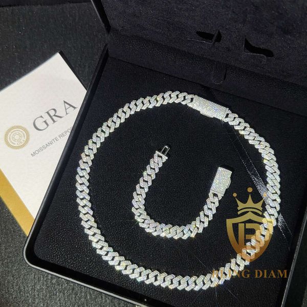 Pronto para o envio de 10 mm de moissanita cubana llink pulseira 925 prata clássica moissanita diamante colar cuba cuba passa diamante teste