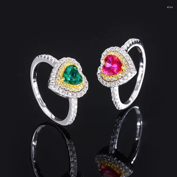 Кластерные кольца 925 стерлинговое серебряное сердце в форме 6 6 мм изумрудное рубиновое кольцо для женщин Gemstone Cocktail Party Чистые украшения