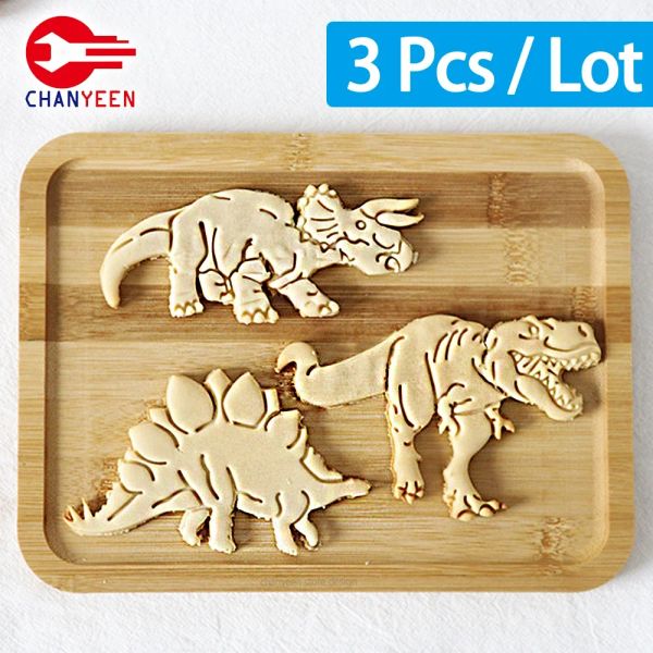 Formen 3D Dinosaurier Keksschneider Form Keksdämpfere Schimmelpilzzuckerdessert Backplastik Kuchenküche Accessoires Werkzeuge