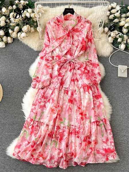 Lässige Kleider Singreiny Herbst Blumendruck Chiffon Kleid Bogenkragen Langer Puffärmel Rüschen Frauen eleganter Senior Sweet Urlaub Eine Linie