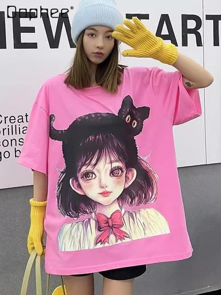 Magliette da donna maglietta a maniche corte oversize Donne estate in stile coreano rosa a metà lunghezza fumetti casual fumetti stampato a mezza manica