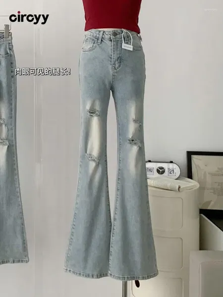 Jeans femininos Circyy Ripped para mulheres calças de cintura alta Bolsas de branqueado azul skinny bordado designer de rua 2024 primavera