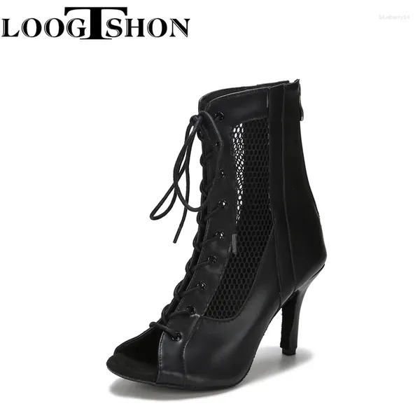 Tanzschuhe Loogtshon Salsa Frau Latin Schwarz für Frauen Lange Stiefel hohl Diamant Heel Hoch