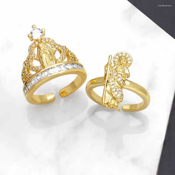 Rings de cluster Ocesrio Trendy Crystal Big Crown Virgin Maria para mulheres Plated Gold Gold San Judas Jóias por atacado Rigj01