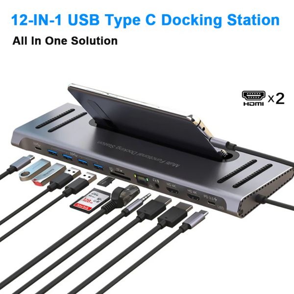 Antriebs USB Typ C Hub zu 2 HDMI Dual Monitor mit Gigabit RJ45 USB -Hub PD 3,5mm SD/TF USBC -Datenübertragungsadapter für Buch Pro