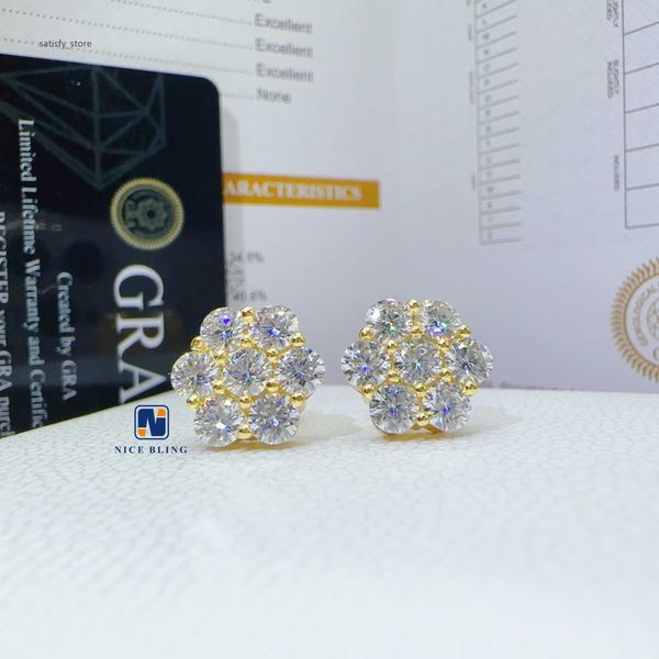 Design de flores de cluster Brincos de diamante moissanita Men Hiphop 925 Sterling Silver Moissanite Ear Stud para mulheres