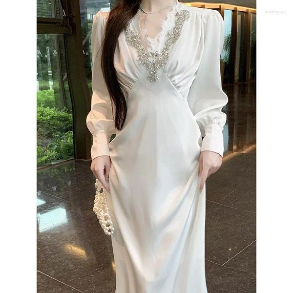 Vestidos casuais v pescoço prego strass branco doce vestido de noiva de casamento elegante para banquete de cetim longa manga de lanterna bola de ponta sofisticada