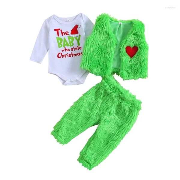 Conjuntos de roupas Pudcoco meninas meninos caem roupas de carta de letra de coleta de manga longa de manga longa colete de pele verde calças 3pcs Conjunto de roupas de natal