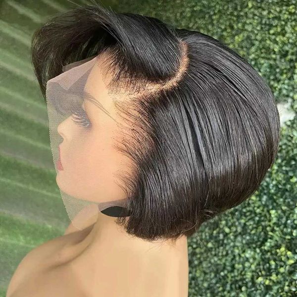 Synthetische Perücken gerade Pixie geschnittene Perücke transparente Spitze menschliches Haar kurzes Bob T-Part vorgefüllter Brasilianer Frau Q240427