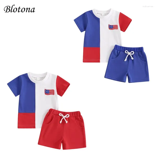 Conjuntos de roupas Blotona 4 de julho Toddler Boys Roupfits Flag Bordado Contraste Color De manga curta Camiseta de camiset