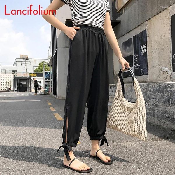 Frauenhose Y2K Ästhetische Knöchel gebundene Bloomer Weitbein Baggy Ice Slik Split Bow Black Harajuku Korean Streetwear Frauen Harem