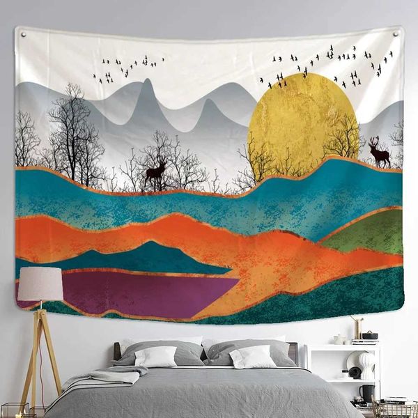 Tapestres ilustração paisagem tapeçaria parede pendurada mural chinês tapiz boêmio hippie quarto arte retro decoração