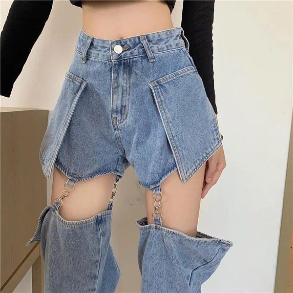 Jeans femininos Fashionable Hollow Out Design 2024 Women Summer Summer Loose Cintura aberta coxa da rua Linha larga de pernas retas calças destacáveis