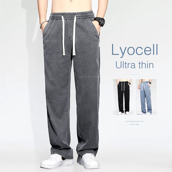 Sommer dünne Herren Baggy Jeans Lyocell Stoff weiche Drape Casual Hosen Elastizitätskordelmale Männliche gerade Jeanshose blau grau 240424