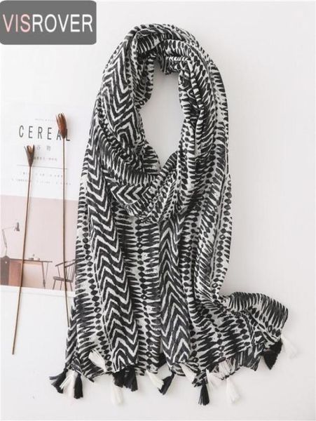 Sciarpe Visrover Tropical Beach Geometric Striped Big Shawl Black White Stampa Scarf Hijab Donne Sciarpa con Nappel Woles2197159