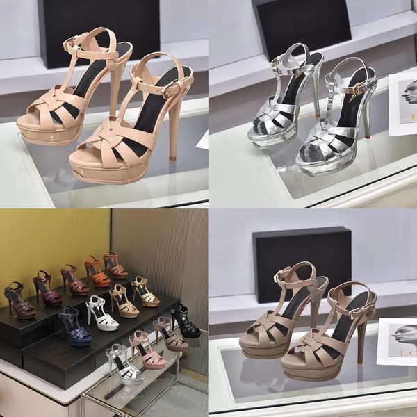 Platform haraç sandalet dokuma orijinal deri tasarımcılar sandal kadın konik toka t-kayış stiletto topuklar açık ayak parmakları 14cm tasarımcı ayakkabılar kutu orijinal kalitesi