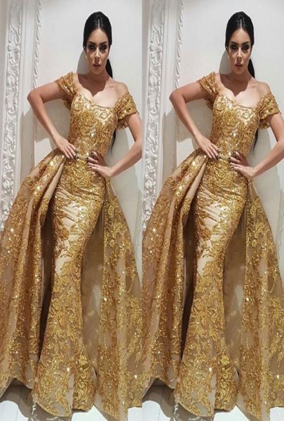 Золотые выпускные платья Yousef Aljasmi Dubai Arabic Evening Dress Labourjoisie Howns Superkirt Съемное поезде Шампанское русалка вечеринка 8359768