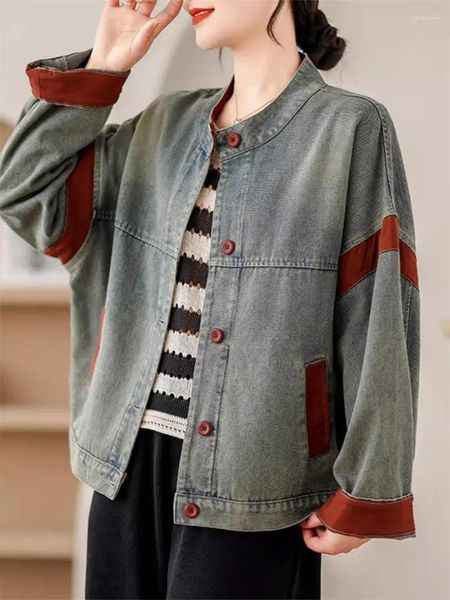 Damenjacken künstlerische Retro -Farb -Matching Distressed Denim Jacke für 2024 Frühling Langarm übergroße lässige Jeans Top K492