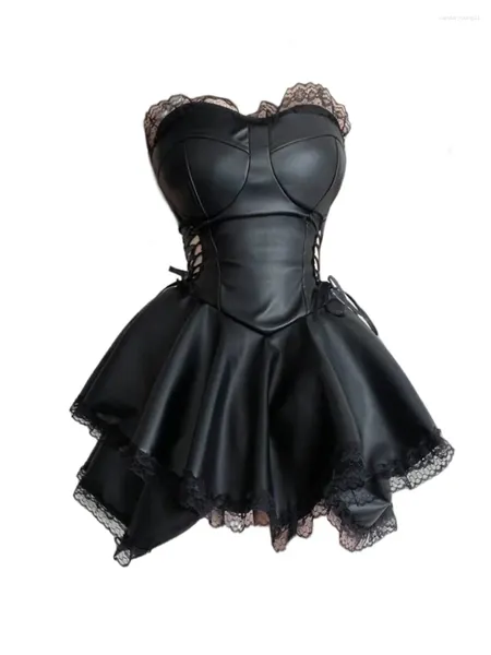 Vestidos de festa, estilo gótico caseiro estilo picante garota lateral cintura de renda de renda oca vestido de sutiã escuro preto saia fofa