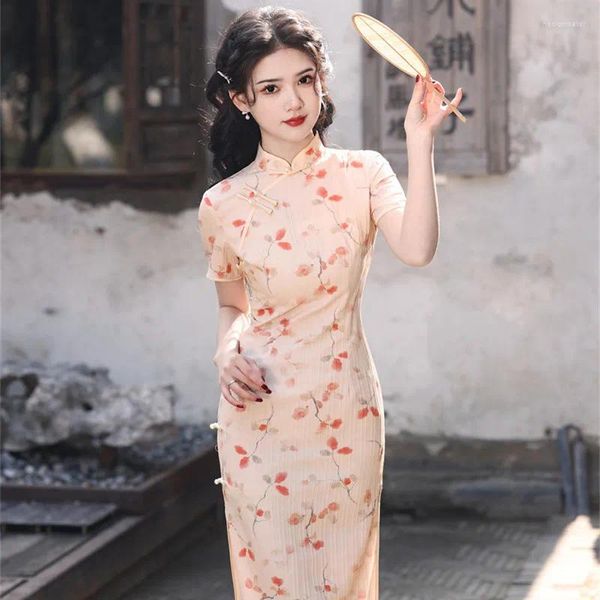 Roupas étnicas vestido chinês para mulheres qipao impressão rosa damas longas cheongsams china roupas tradicionais vestidos midi elegantes de verão