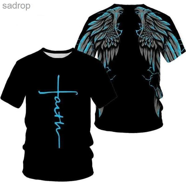 T-shirts masculinos da moda Jesus Cruz Cross Mens Camiseta Engraçada Impressão 3D de Wing Top Casual Casual Camiseta Longo Lacerxw