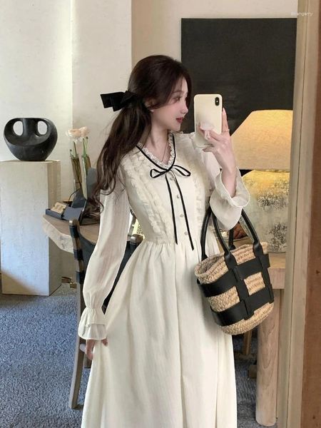 Lässige Kleider 2024 Sommerfrau französische elegante Midi Kleid Chiffon Langarm sogar Party Beach One Piece Korean Fashion Chic