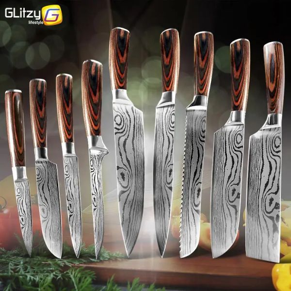 Ножи набор кухонных ножей 1 3PCS 8 -дюймовый шеф -повар ножи из нержавеющей стали Дамаск лазер японский нож Кливер Киритсуке Сантоку Слсер