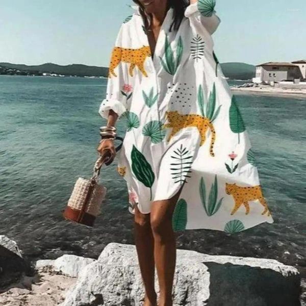 Vestidos casuais vestidos de praia folhas de férias de férias de férias para mulheres soltas mangas compridas camisa tipo mini biquíni de verão