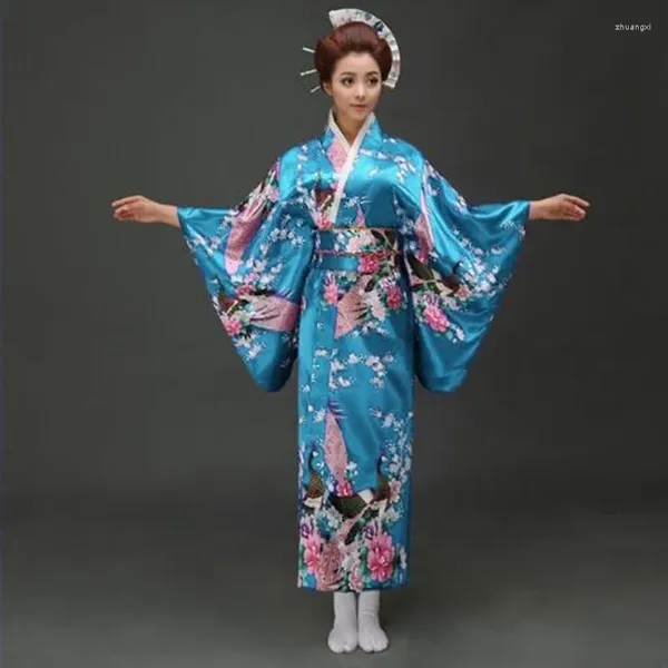 Ethnischer Kleidungsee Blue Peafowl japanische Kimono Frauen Polyester Satin Yukata Abendkleid Haori mit Obi eine Größe