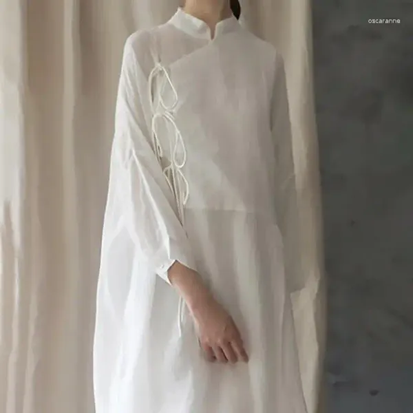 Abbigliamento etnico cinese migliorato abito cheongsam estate primavera bianco per donne in stile lino di cotone in fila