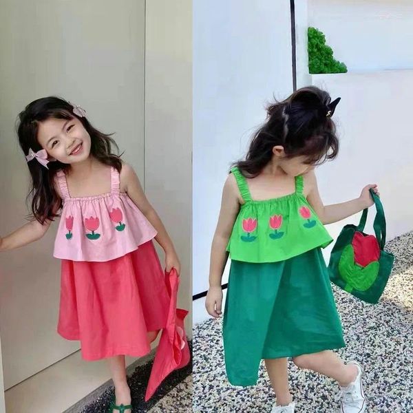 Vestidos de menina verão tipinha garotas vestidos crianças roupas falsas duas peças suspensa colorida doce vestidos florais vestidos para crianças roupas