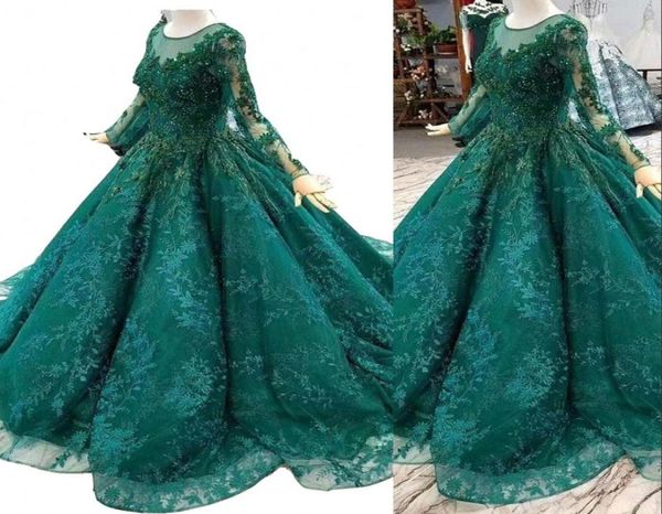 2022 abiti da ballo verde smeraldo vintage abiti da quinceanera con maniche lunghe illusione perle in cristallo abiti da sera in pizzo completo CU1956493