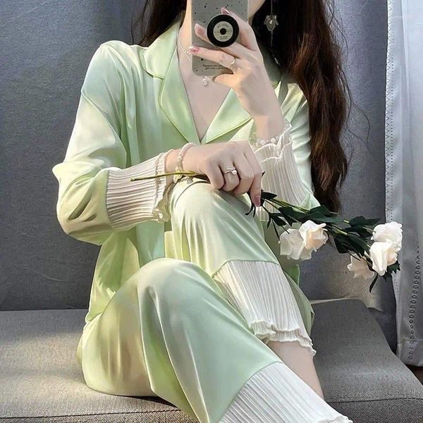 Abbigliamento per il sonno femminile 2024 Piani in legno di seta in legno Piani per donne Sleeve lunghe Nightdress Spring Autumn Autumn Fresh Hold Wear Green Sweet Sweet