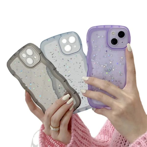 Wellenform Drip Kleber Sternmuster Phone Hülle für iPhone 15 14 13 11 12 Pro Max x XR XS Max 7 8 plus transparentes TPU Glitter Soft Cover 50pcs