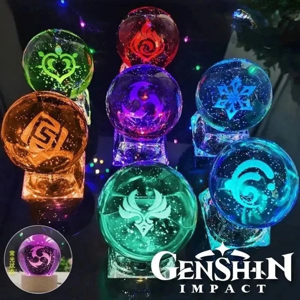 Genshin Impact God of Version LED Crystal Ball luminous 7 Element Cosplay Toy Ornaments Kids Gifts Props Decoração de casa Figuras 240425