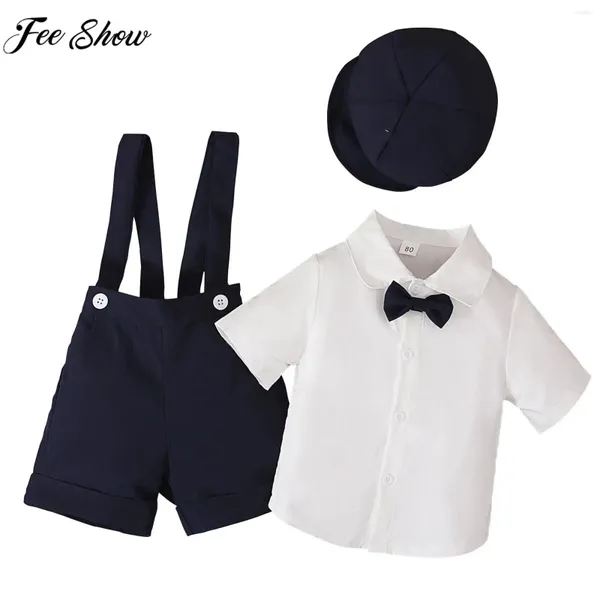 Kleidungsstücke Kinder Boy Formal Gentleman Anzug Kurzarm Biege Krawatte Hemd mit Hossport Shorts Hut Geburtstag Hochzeitsfeier Outfit School